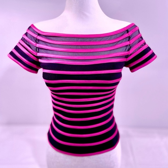 💗 Black Mesh/Pink Satin Striped Top • JS Collections - Picture 2 of 16